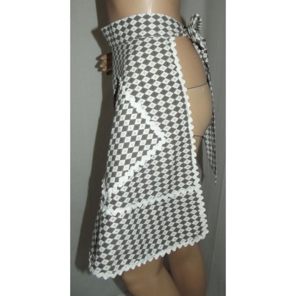 Vintage Apron Brown White Geometric Diamond Print rick rack trim pockets tie bac - Picture 5 of 11
